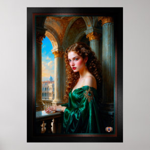 Elegant Renaissance Kvinna i Grönt Dress Poster