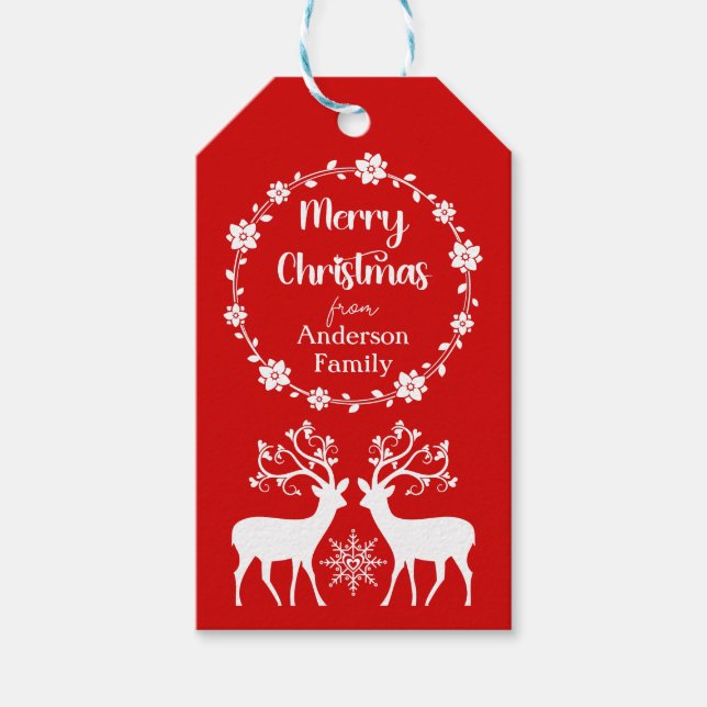 Elegant Renar med Blommigt Ram Red-julen Presentetikett (Framsidan)