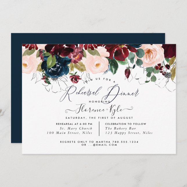 Elegant - repetitionsmiddag Burgundy+flottan Inbjudningar (Fram/baksida)