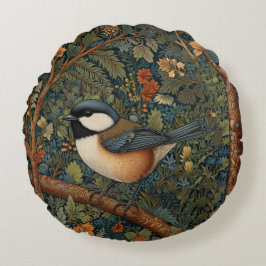 Elegant retro Art Nouveau skogsfågel Rund Kudde