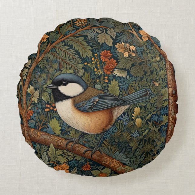 Elegant retro Art Nouveau skogsfågel Rund Kudde (Framsidan)