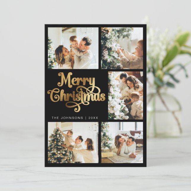 Elegant Retro Black & Guld God jul-familjen Julkort (Stående Fram)