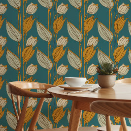 Elegant Retro Blommigt Tapet i Teal och Mustard
