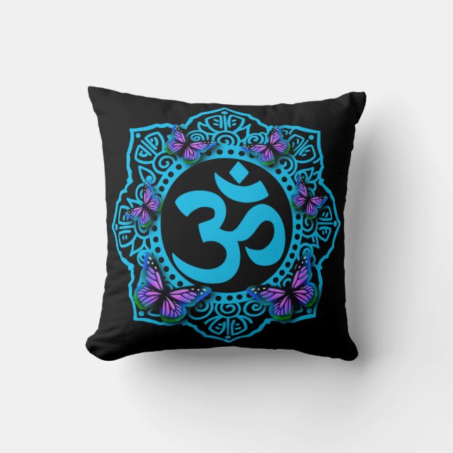 Elegant retro Blue ohm mandala lila butterflies Kudde (Framsida)