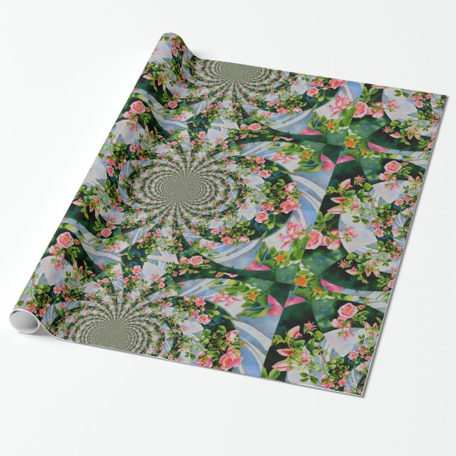Elegant retro boho vattencolor rosa blommigt presentpapper (Utrullad)
