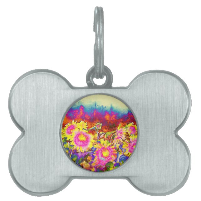 Elegant retro boho vattencolor solros fält namnbricka husdjur (Framsidan)