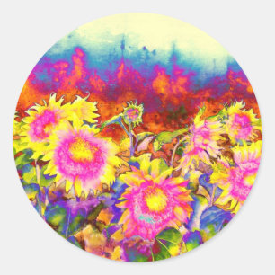 Elegant retro boho vattencolor solros fält runt klistermärke