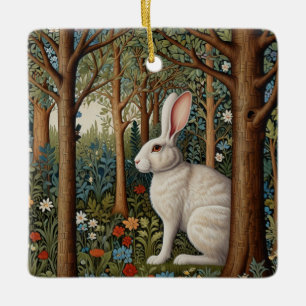 Elegant retro boho white kanin woodland blommigt julgransprydnad keramik