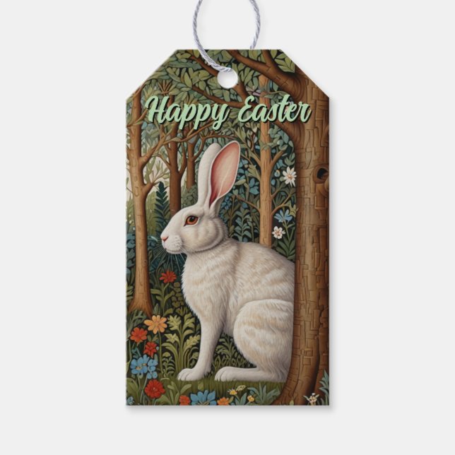 Elegant retro boho white kanin woodland Påsk Presentetikett (Framsidan)