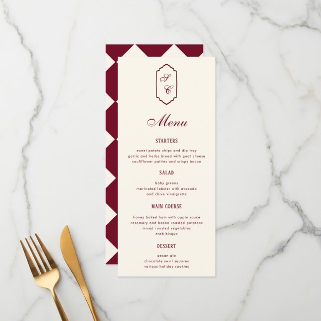 Elegant Retro Checkered Burgundy Wedding Meny (Fram/Back In Situ)