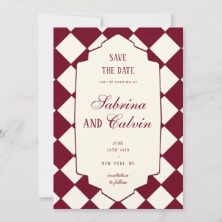 Elegant Retro Checkered Burgundy Wedding Spara Datumet
