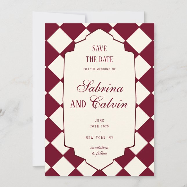 Elegant Retro Checkered Burgundy Wedding Spara Datumet (Framsida)