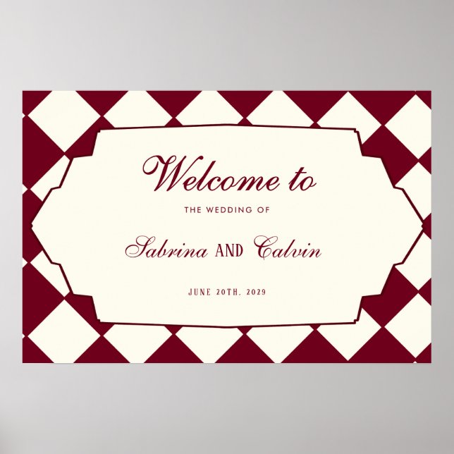 Elegant Retro Checkered Burgundy Wedding Welcome Poster (Framsidan)
