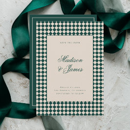 Elegant Retro Checkered Green Beige Wedding Spara Datumet