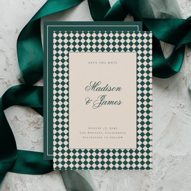 Elegant Retro Checkered Green Beige Wedding Spara Datumet (Skapare uppladdad)