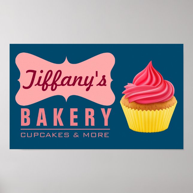 Elegant Retro Cute Cake Shop Rosa Cupcoa Bakery Poster (Framsidan)