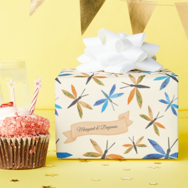 Elegant Retro Dragonflies Hand Drawn Dragonfly Presentpapper (Födelsedagsfest)