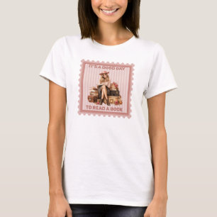 Elegant retro-flicka stosty rosa ros som läser bok t shirt