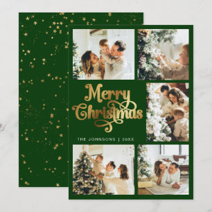 Elegant Retro Grönt & Faux Guld julfamilj Julkort