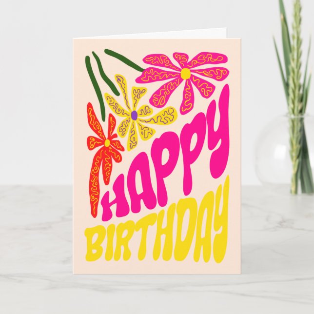 Elegant Retro Groovy Hippie Flower Birthday Kort (Framsida)