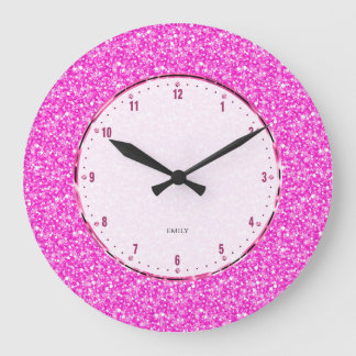Elegant Retro Hett-Rosa Glitter och miniatyrdiagra Stor Klocka