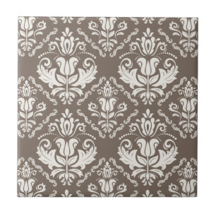 Elegant Retro Ivory Damask Brocade Brown Mönster Kakelplatta