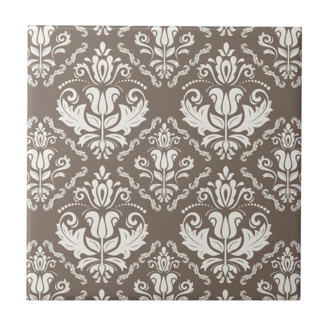 Elegant Retro Ivory Damask Brocade Brown Mönster Kakelplatta (Framsidan)