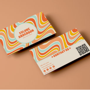 Elegant Retro Orange Blue QR Code Boho Chic Groovy Visitkort