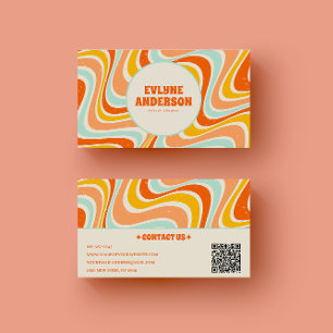 Elegant Retro Orange Blue QR Code Boho Groovy Visitkort