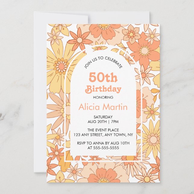 Elegant Retro Orange Peach Flora 50:e födelsedagen Inbjudningar (Framsida)