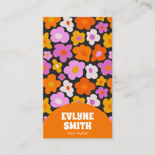 Elegant Retro Orange QR-kod Boho Groovy Blommigt Visitkort