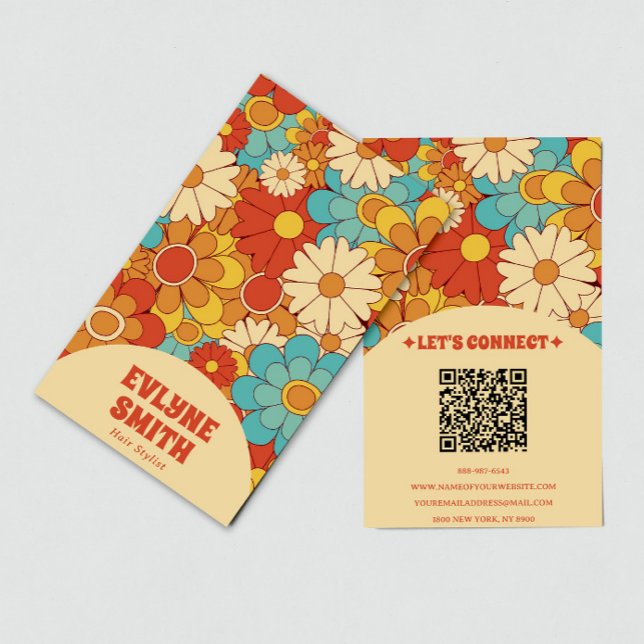 Elegant Retro QR-kod Groovy Blommigt Trendig Boho Visitkort (Skapare uppladdad)