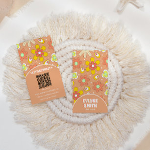 Elegant Retro QR-kod Groovy Blommigt Trendig Boho Visitkort