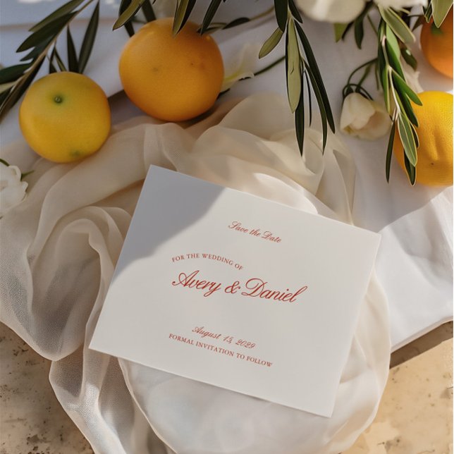 Elegant Retro Red & Ivory Spara datumkortet (Elegant Retro Red & Ivory Save the Date Card)