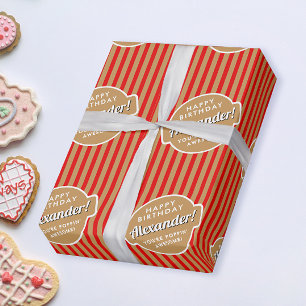Elegant Retro Röd Guld Popcorn Ränder Mönster Presentpapper