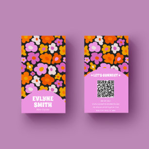 Elegant Retro Rosa Colorful QR Code Groovy Blommig Visitkort