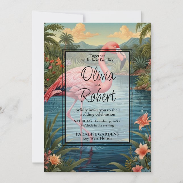 Elegant retro rosa flamingo tropiska boho-trädgård inbjudningar (Framsida)