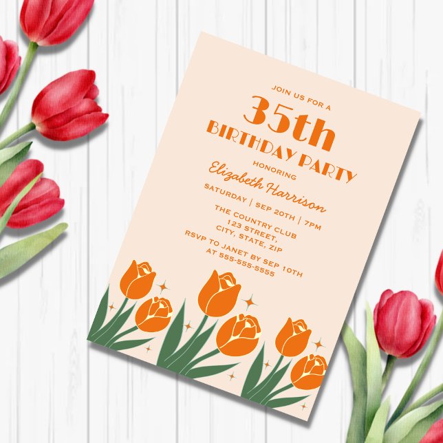 Elegant Retro Tulip Blommigt Orange Födelsedag Inbjudningar (Skapare uppladdad)