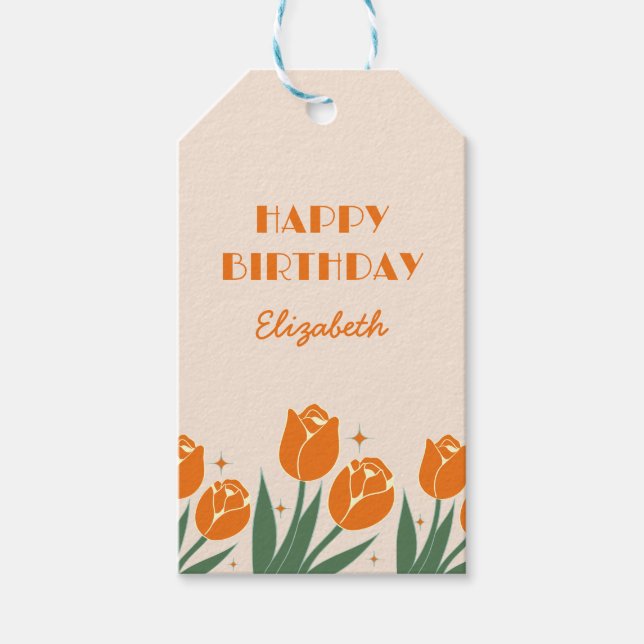 Elegant Retro Tulip Blommigt Orange Födelsedag Presentetikett (Framsidan)