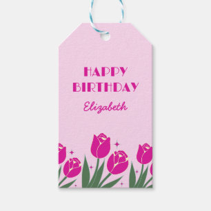 Elegant Retro Tulip Blommigt Rosa Birthday Presentetikett