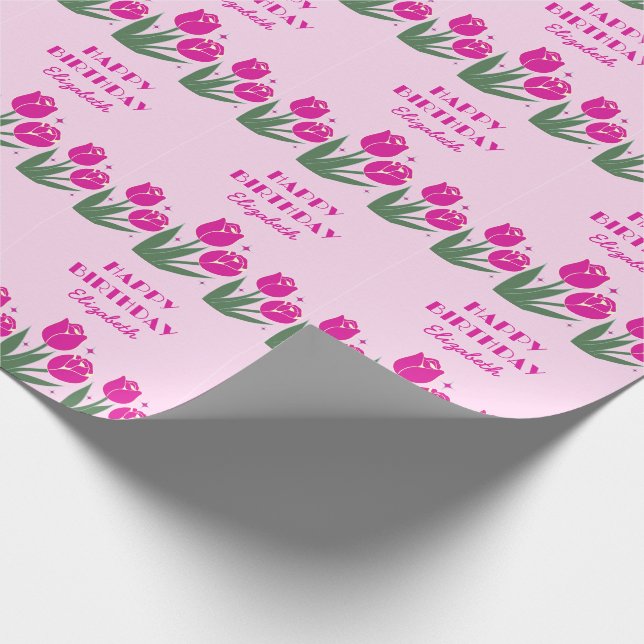 Elegant Retro Tulip Blommigt Rosa Birthday Presentpapper (Hörn)