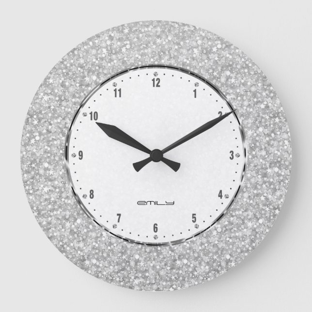 Elegant Retro White Faux Glitter och Gnistra Skriv Stor Klocka (Framsida)