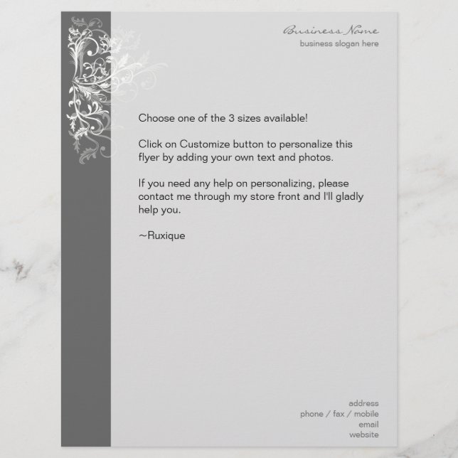 Elegant Retro White Flower Swirls Mörk Grått Reklamblad (Framsidan)