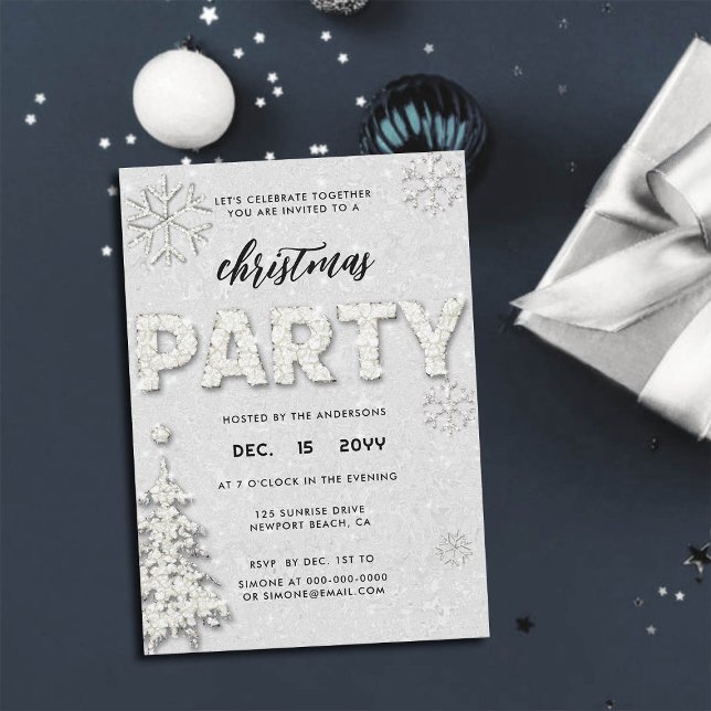 Elegant Rhinestones-inbjudan till julfest Inbjudningar (rhinestones christmas party invitation glitter snowflakes tree black white festive classy bling chic)