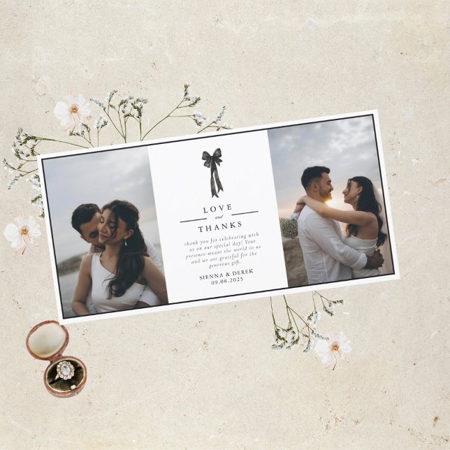 Elegant Ribbon Bow Black and White Bröllop Tack Kort (Skapare uppladdad)