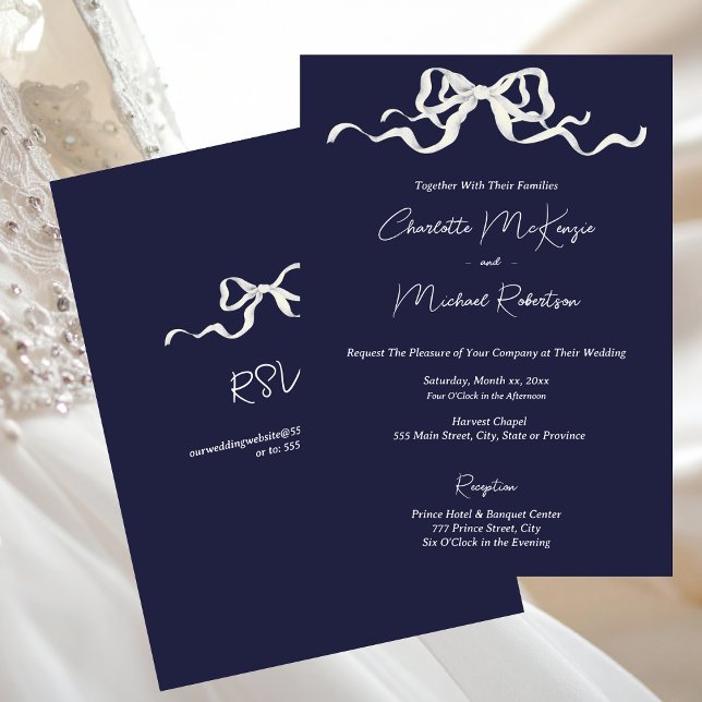 Elegant Ribbon & Bow Romantic Navy Wedding Inbjudningar (Elegant Navy with White Bows Wedding Invitation)