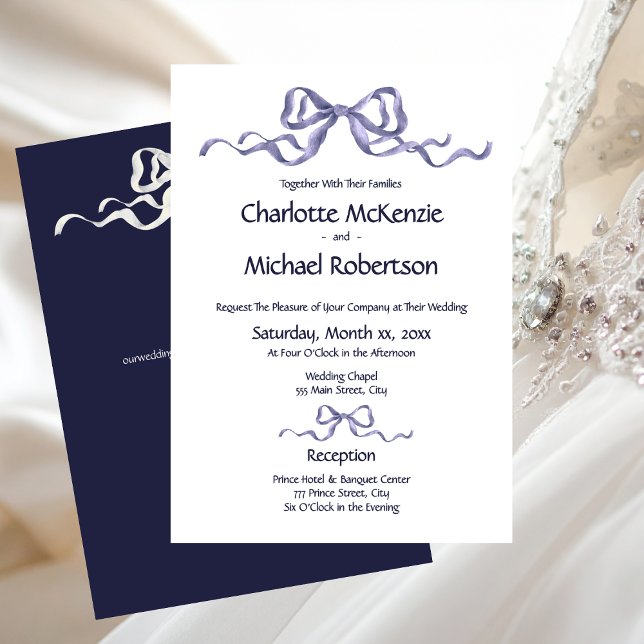 Elegant Ribbon & Bow Romantic Wedding Navy & White Inbjudningar (Elegant Navy and White Wedding Bows Invitation)