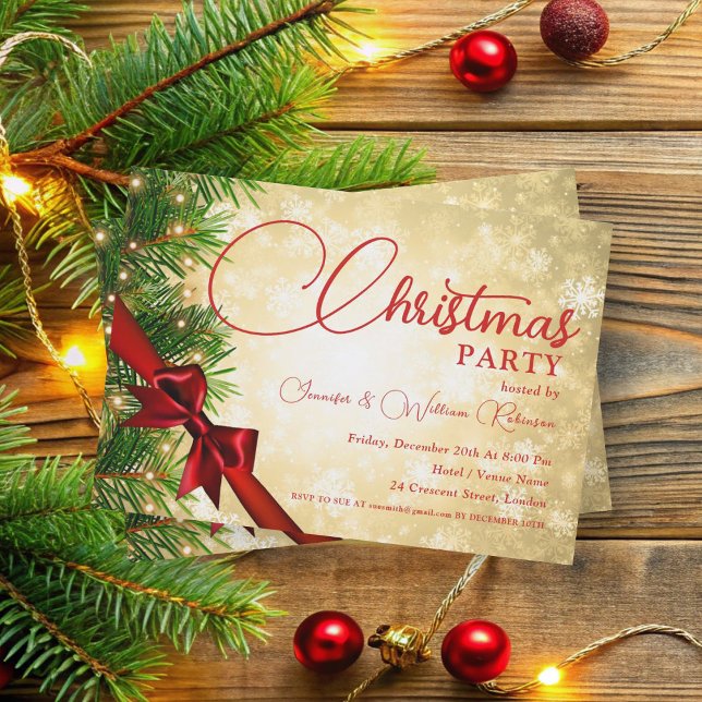 Elegant Ribbon & Gräs Guld Julafton Helgdag Inbjudningar (Elegant Ribbon & Pine Gold Xmas Holiday Invitation)
