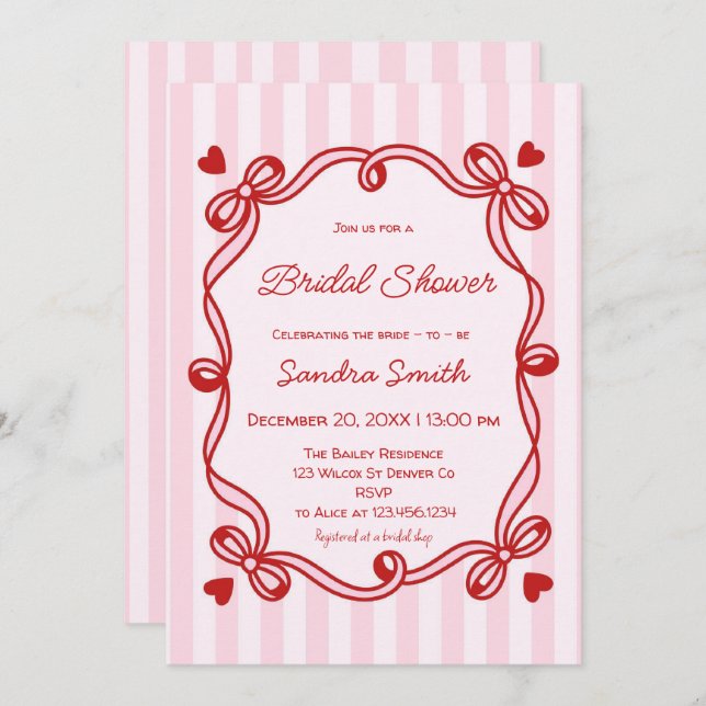 Elegant Ribbon Hand Drawn Bridal Shower Inbjudningar (Fram/baksida)