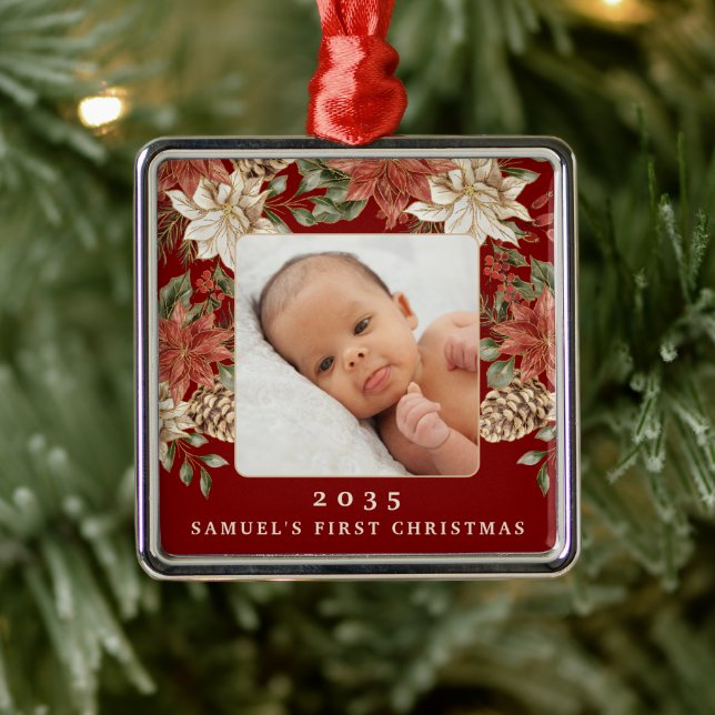 Elegant Rich Red Baby's First Christmas Photo Julgransprydnad Metall (Träd)